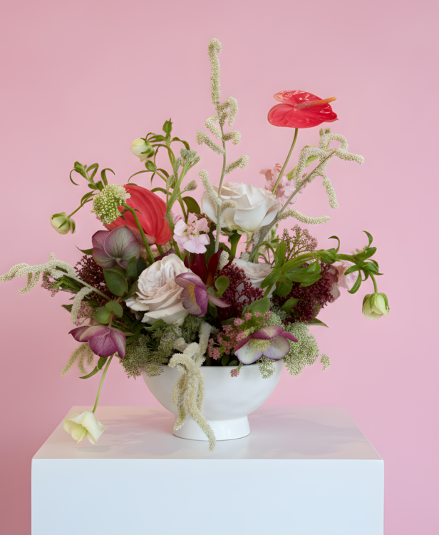 Picture of a centrepiece in a white vase with pink background