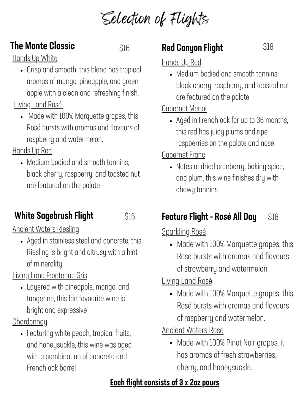 List of available wine flights